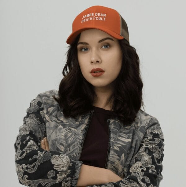 James Dean Death Cult Trucker Hat Orange Khaki Embroidered women